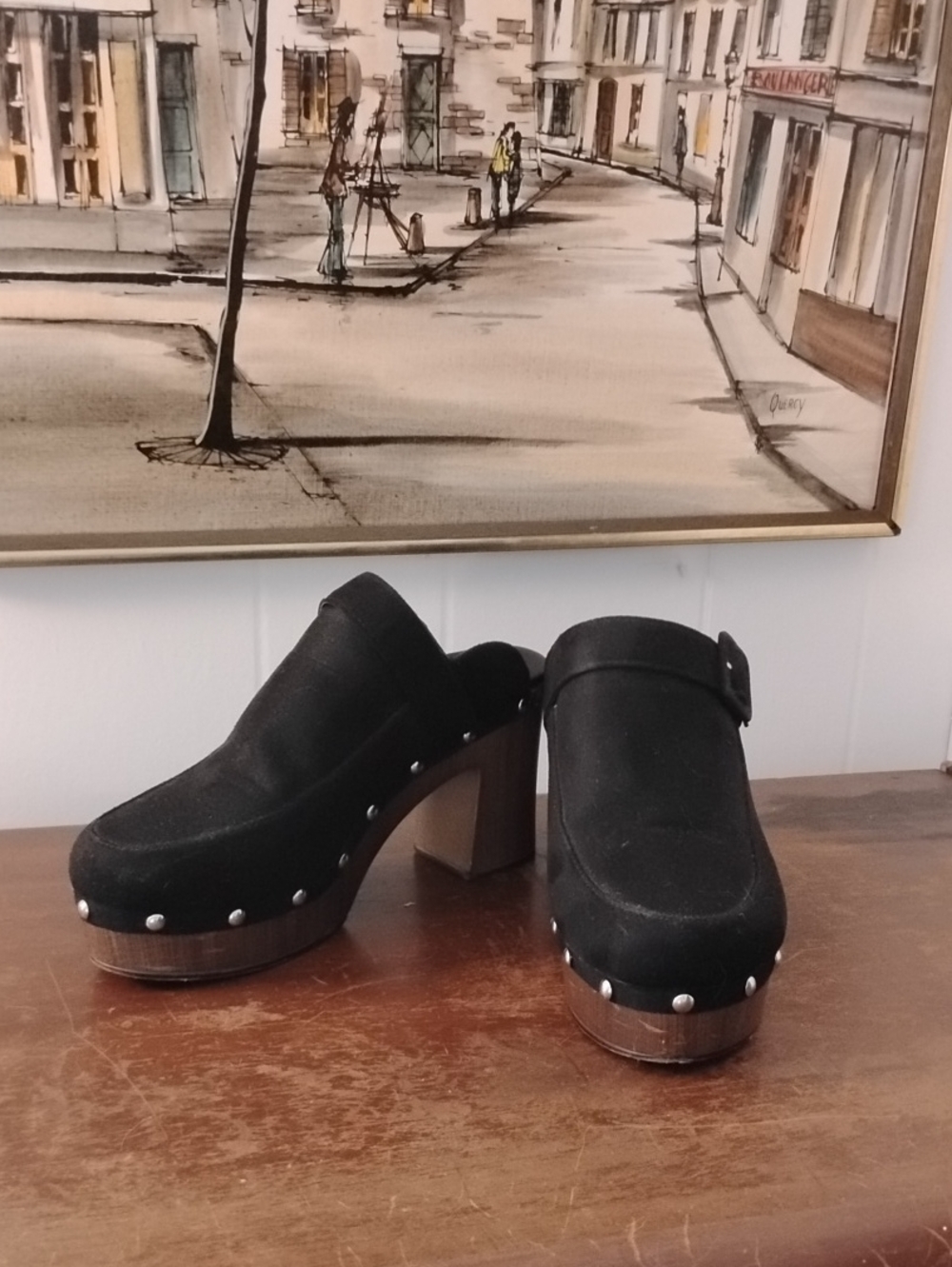 Sugar Black Studded Clog Mules with Wood Block Heel